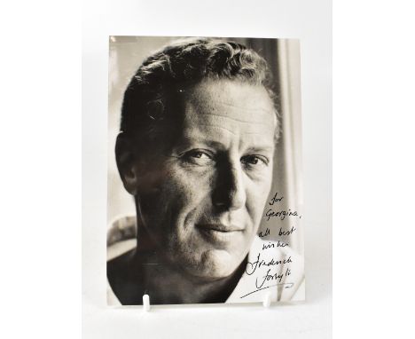 FREDERICK FORSYTH; a black and white photograph of the author bearing his signature and inscribed 'For Georgina, all best wis