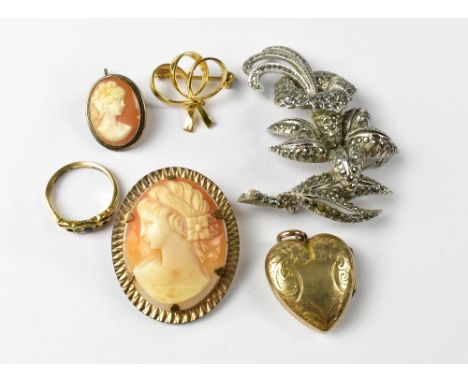 Various items of costume jewellery to include a 9ct gold ring, with a line of tiny diamond and sapphires, on a 9ct gold shank