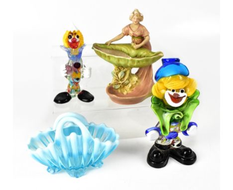 ROYAL DUX; a model of a maiden with shell basin, two Murano clowns and a Murano decorative basket (4).