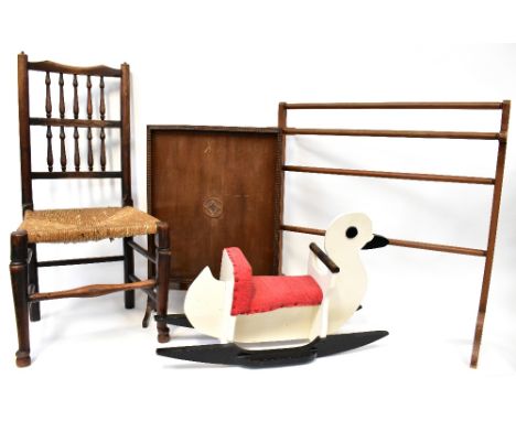 A collection of modern and antique furniture to include a late 18th century Lancashire bobbin back rush seated chair, with tu