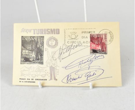 SPANISH FOOTBALL: a first day cover bearing three signatures including Di Stéfano, Gento and Puskas.We have not authenticated