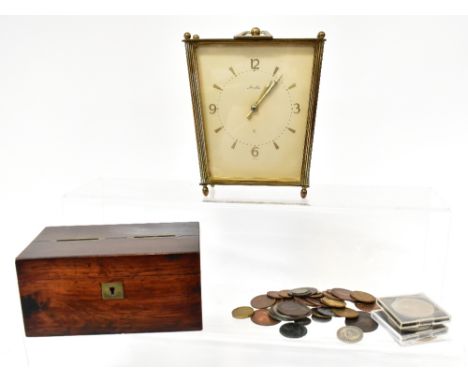 Various mixed collectibles to include a vintage Mauthe brass cased mantel clock, a two-section wooden money box, various coll