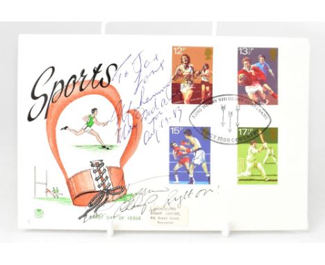 BOXING GREATS; a first day cover bearing the signatures of Muhammad Ali, dated Aug 19-83 and Joe Frazier.We have not authenti