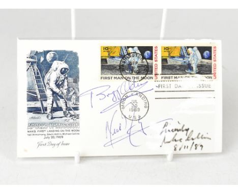 SPACE EXPLORATION; a 1969 first day cover signed by Buzz Aldrin, Neil Armstrong and Michael Collins, the latter dated 8/11/89