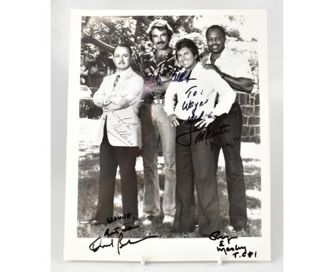 MAGNUM PI; a black and white photograph bearing signatures of the four stars including Tom Selleck, 25.5 x 20.5cm.We have not