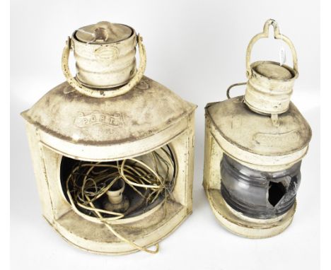 Four vintage cream painted ships' lanterns including a large corner set example inscribed 'Port' (lacking glass and converted