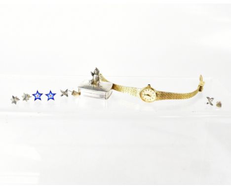 Four pairs of sterling silver earrings, a sterling silver lidded box and a gold-plated Rotary bracelet watch.