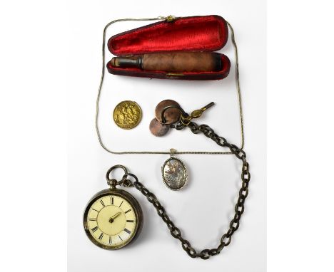 A hallmarked silver open face pocket watch, the white dial set with Roman numerals (af), with steel chain and worn coin fobs,
