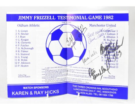 JIMMY FRIZZEl; his testimonial game 1982 programme bearing several signatures including Peter Beardsley and Martin Buchan.We 