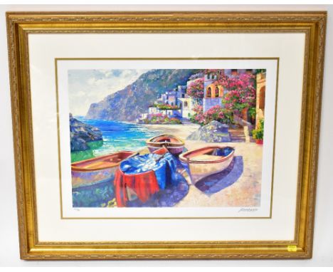 BEHRENS; a serio lithograph titled 'Capri Boats', limited edition no.22/395, 37 x 50cm, framed and glazed, frame size 65 x 90