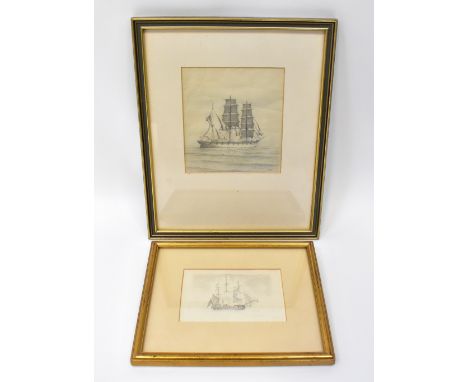 EARLY 20TH CENTURY ENGLISH SCHOOL; pencil sketch, study of a barque, initialled 'PC' lower right, 15 x 14cm, together with an