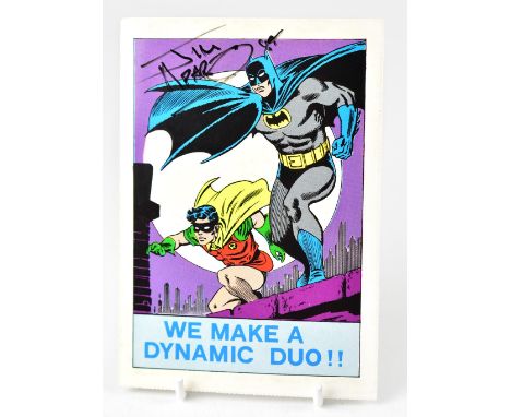BATMAN; a photographic postcard bearing the signatures of Lewis Wilson (The original Batman), and Jim Aparo (comic book artis
