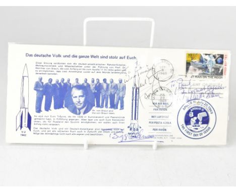 SPACE EXPLORATION; a 1969 first day cover bearing three signatures, Neil Armstrong, Buzz Aldrin, and Dr (Werner) Von Braun.We