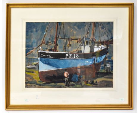 CHARLES BREAKER (1906-1985); watercolour, seascape with fishing boat in dock, with figures in the foreground, signed lower le