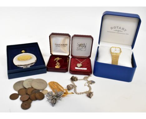 A quantity of mixed vintage and modern costume jewellery to include a gentlemen's Rotary gold plated wristwatch, the white sq