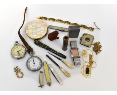 An eclectic lot to include a Rotary watch, a plated pocket watch, an Art Deco compact, a Dupont Paris cigarette lighter, vari