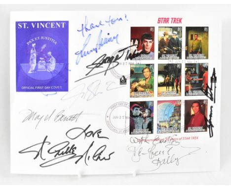 STAR TREK; a first day cover bearing several signatures including Leonard Nimoy, William Shatner and George Takei.We have not
