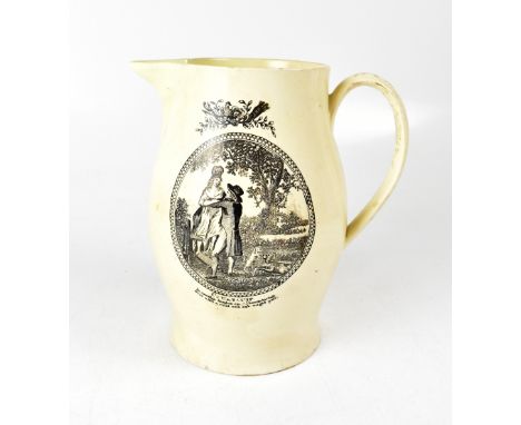 LIVERPOOL PORCELAIN; a c1780 creamware marriage jug with bat printed script and decoration, rim of flora and foliage above do