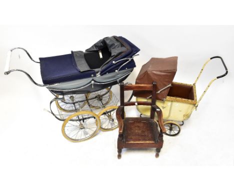 A Silver Cross pram, a smaller example with painted floral decoration and a child's open arm elbow commode chair (3).