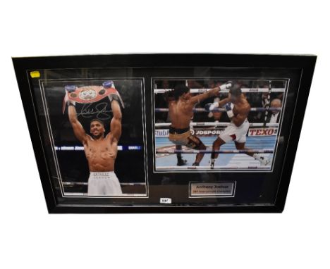 ANTHONY JOSHUA; a signed montage relating to Anthony Joshua IBF Heavyweight Champion, one an action shot above brushed steel 