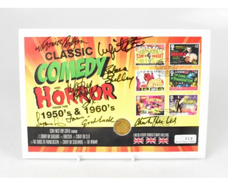 CLASSIC COMEDY HORROR; a coin first day cover bearing numerous signatures, including Christopher Lee, Martine Beswick, Ingrid