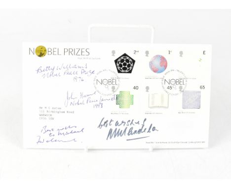 NOBEL PRIZE WINNERS; a first day cover bearing the signature of four Nobel Prize winners, Betty Williams, John Hume, F W de K