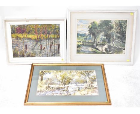 Three modern paintings of rural woodland scenes, the first the Packhorse Bridge at Wycoller, Lancashire, painted by John Rick