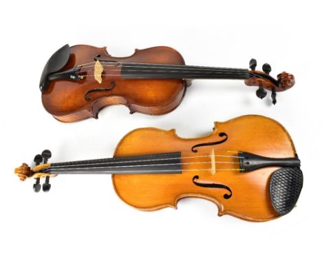 Two modern full sized violins in double case (2). CONDITION REPORT light coloured violin - length 60cm - back 36cm - label Ca