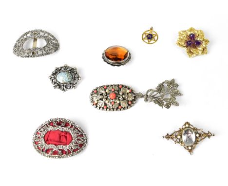 A small collection of vintage costume jewellery to include a pair of marcasite clad oval shoe buckles, marcasite floral brooc