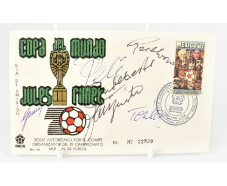 BRAZIL WORLD CUP WINNERS 1970; a first day cover bearing several signatures including Pele and Carlos Alberto.We have not aut