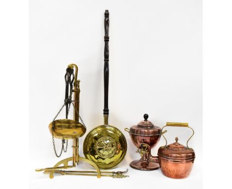 Various items of brass and copper ware to include a copper and brass tea urn with turned wooden handle to the lid, a good pai