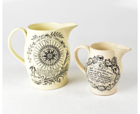LIVERPOOL PORCELAIN; two c1800 creamware jugs, both with black printed design, the larger example depicting a woman leaning a