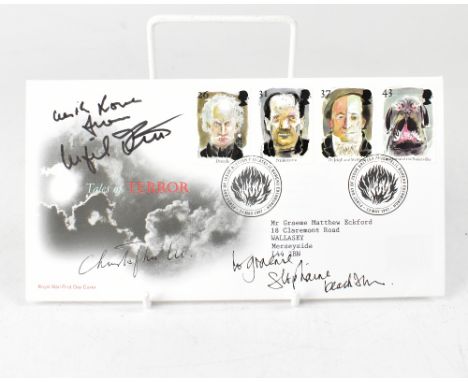 BRITISH HORROR MOVIES; a first day cover bearing the signatures of Christopher Lee, Stephanie Beecham and Ingrid Pitt.We have
