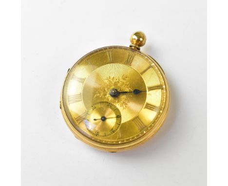 A 1920s 18ct gold open face pocket watch, the gold circular dial with central engine turned and floral bouquet, the outer cha