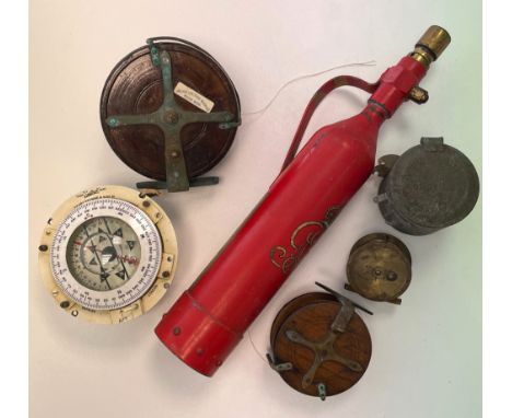 A group of collectors' items including a George V vintage fire extinguisher, a large Nottingham star back fishing reel with p