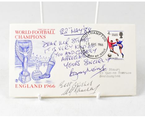 ENGLAND WORLD CUP WINNERS 1966; a first day cover bearing the signatures of Sir Bobby Moore and Sir Alf Ramsey.We have not au