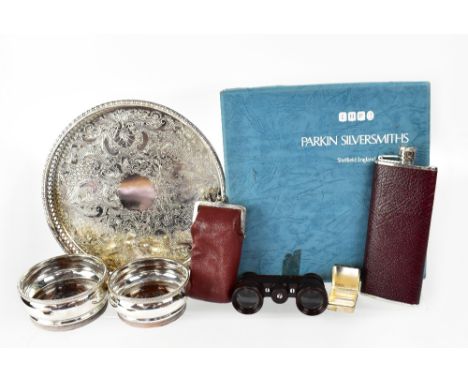 A boxed silver plated salver, a long bodied modern hip flask, a pair of Kershaw Tivoli cased opera glasses, two silver plated