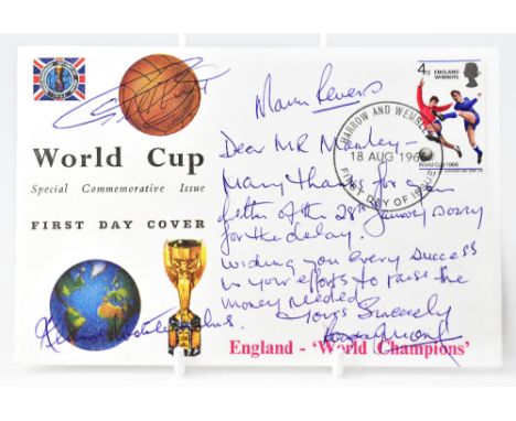 ENGLAND WORLD CUP WINNERS 1966; a first day cover with several signatures including Martin Peters, and commentator Kenneth Wo