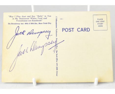 BOXING; a coloured postcard depicting 'The Meeting Place of the World, Jack Dempsey's Broadway Restaurant', bearing the signa