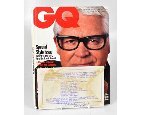 CARY GRANT; a typed sheet form 'North By Northwest' bearing the star's signature along with a front cover of GQ magazine.We h