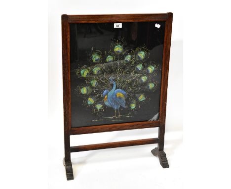 A fire screen decorated with a peacock in oils, on a black silk background, and a three-tier cake stand (2).