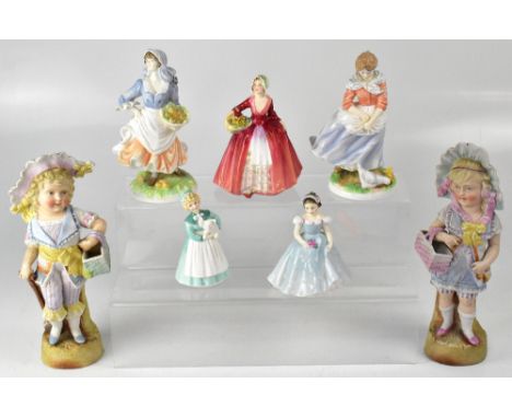 ROYAL DOULTON; three figures, HN1537 'Janet', HN2196 'The Bridesmaid' and HN2207 'Stayed at Home', two Royal Worcester figure
