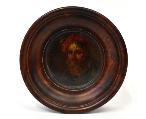 MID/LATE 19TH CENTURY SCOTTISH SCHOOL; miniature oil on paper and board, portrait of a Scottish gentleman with red hat, diame