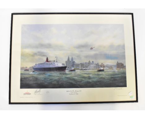 AFTER E D WALKER; a multi-signed limited edition print titled 'Q.E.2 in The Mersey 1994, 25th Anniversary Cruise', signed in 