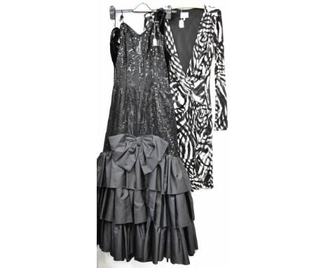 A quantity of vintage dresses and jackets, mainly from the 1980s to include sequinned and beaded evening dresses, Ghost black