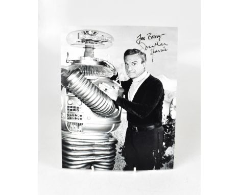 LOST IN SPACE; a reproduced black and white photograph inscribed 'For Barry' and bearing the signature of Jonathan Harris, 25