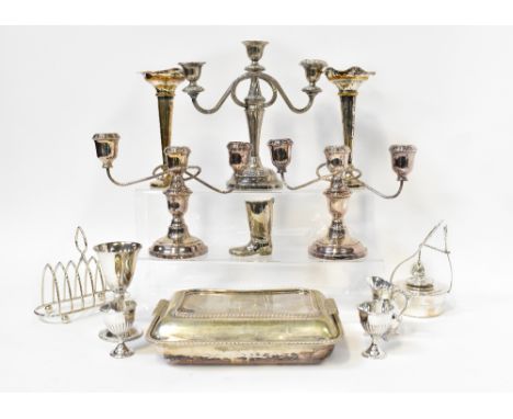 A large quantity of vintage and modern silver plated ware, to include a large fruit bowl, toast rack, egg cups on stand, vase