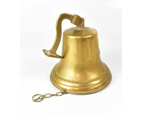 A brass ship's bell with mount bracket, 20 x 18cm excluding bracket, 22cm with bracket.