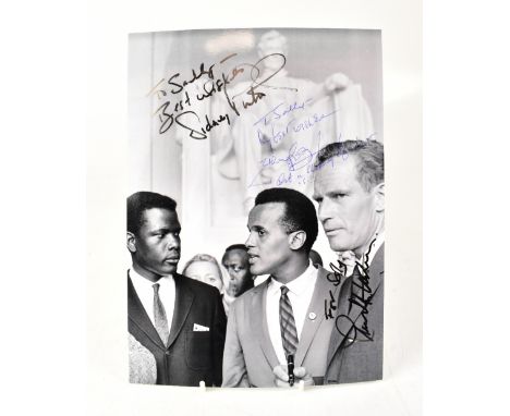 AMERICAN ACTING ROYALTY; a reproduced black and white photograph bearing the signatures of Sidney Poitier, Charlton Heston an