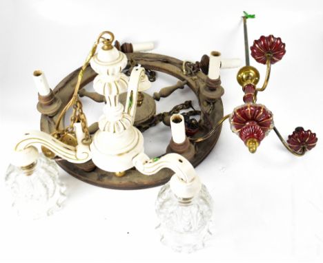 Three vintage light fittings comprising a wagon wheel style example with six wooden light fittings, suspended on a chain, dia